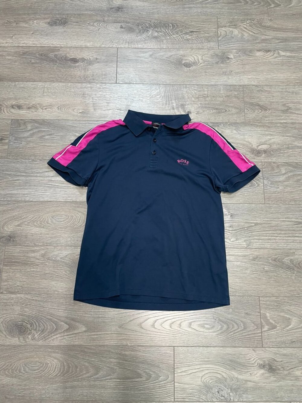 Hugo Boss Navy Blue Pink Stripe Luxury Cotton Polo Shirt Girls XL Womens Small